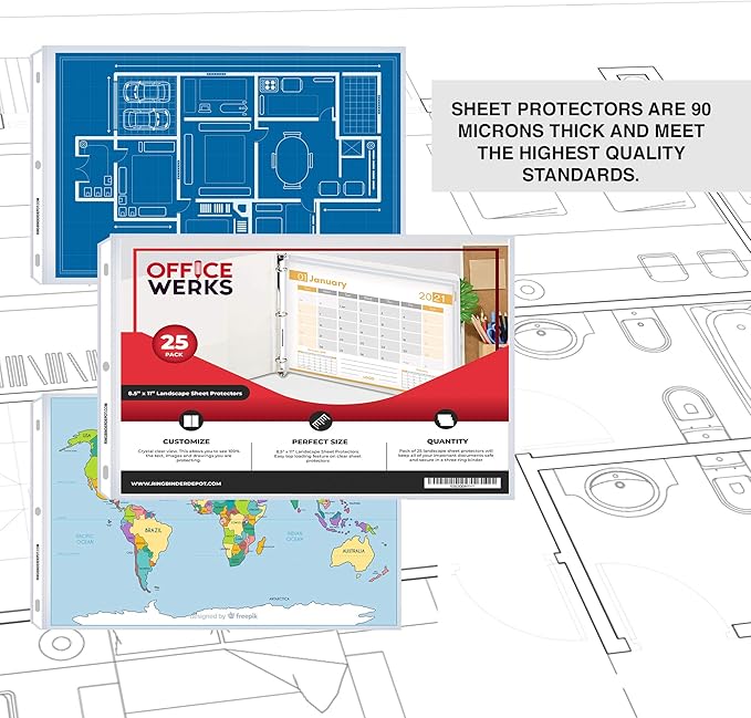 Performore 25 Sheet Protectors, Landscape Clear Sheet Protectors 8.5 X 11 Inch for 3 Ring Binder, Plastic Sheet Sleeves, Top Loading with 3 Hole-Punched Archival Safe, Non-Stick and Long-Lasting