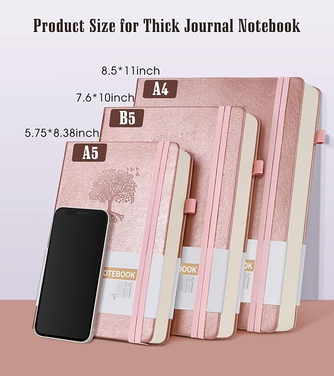 Lined Journal Notebook, 365 Pages B5 Large Journals for Writing Ruled Notebook, Pink Hardcover Leather Journals for Women Men, Daily Notebook for Work, Note Taking, 100Gsm Thick Paper( 7.6'' X 10'' Rose Gold)
