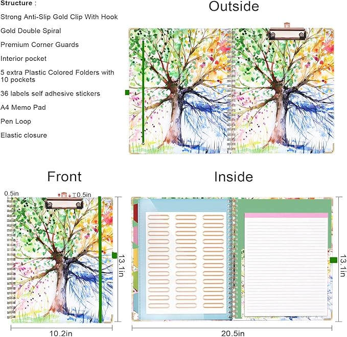 Lateefah Clipboard with Storage, File Folders with Pockets, Nursing Clipboard with Label Stickers and Notepad, Spiral Clip Board with Pen Loop for School, Office Supplies