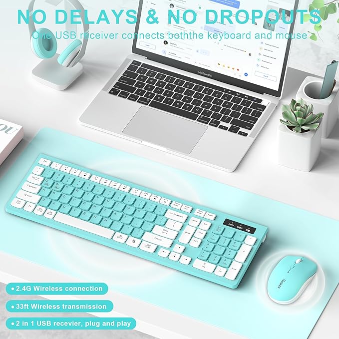 RECCAZR Wireless Keyboard and Mouse Combo, Full-Sized Keyboard and Adjustable DPI Mouse, 2.4GHz USB Receiver, Wireless for PC, Windows, Desktop, Laptop (Blue)