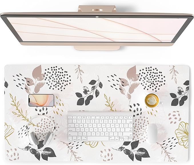QIYI Large Mouse Pad for Desk, Cute Desk Mat for Desktop, Women Girls Office Décor Desk Accessories, PU Leather Waterproof Gaming Mousepad, Boho Botanical Desk Pad Computer Mat, 31.5" x 15.7"