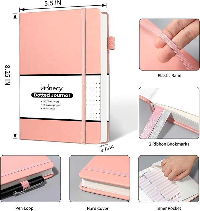 Annecy Numbered Bullet Dotted Journal Notebook, Medium 5.5x 8.25, 160 Pages 100GSM Writing Paper, A5 Peach Pink Faux Leather Cover with Pen Loop