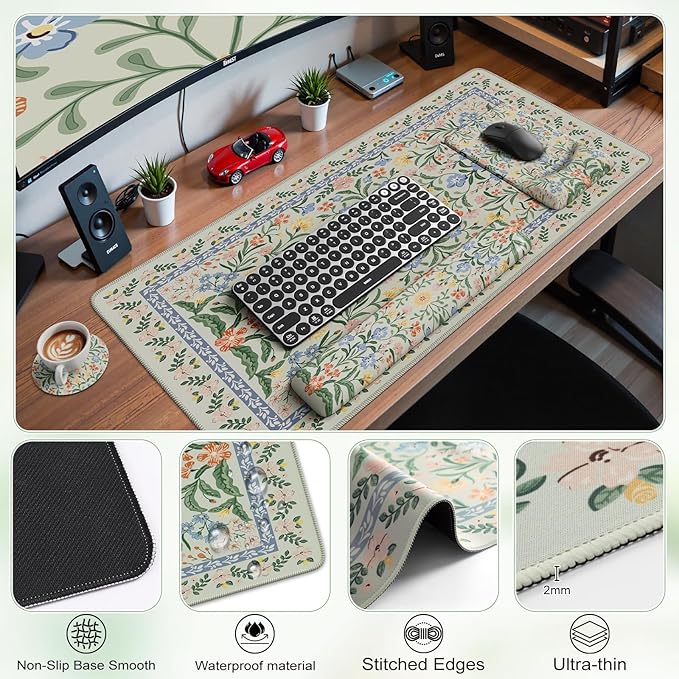 iCasso Mouse Pad with Wrist Rest,Large Desk Mat Set,Ergonomic Keyboard Pad with Wrist Support,Non-Slip Mouse Mat for Women,Cute Floral Computer Mat for Home Office Gaming (Green Floral)
