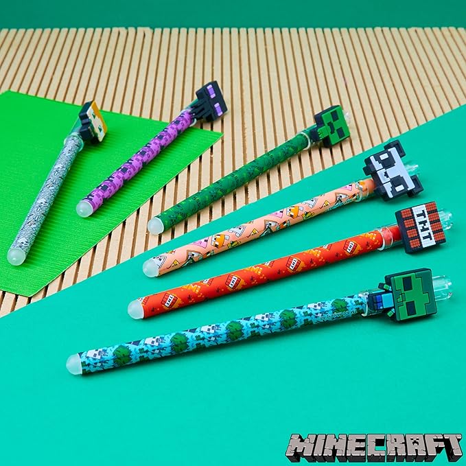 Minecraft Erasable Gel Pens Set, Colored Pens with Erasers Pack of 6, School Supplies - Gifts for Boys