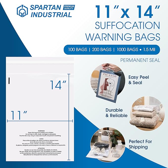 Spartan Industrial - 11" X 14" (1000 Count) Self Seal Clear Poly Bags with Suffocation Warning for Packaging, T Shirts - Permanent Adhesive