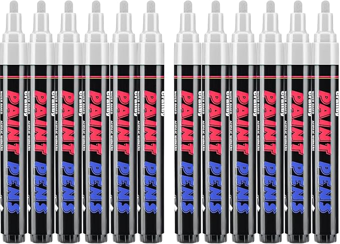 White Paint Pens Paint Markers - 12 Pack Permanent Quick Dry Waterproof Marker Pens for Rocks Wood Fabric Plastic Canvas Glass Mugs Metal Tire Stone