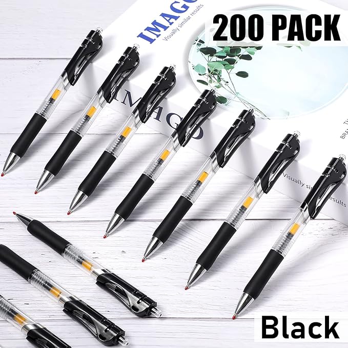 Spakon 200 Pieces Gel Pens Bulk Retractable Ink Ballpoint Pen Bulk Rolling Ball Medium Point 0.5mm Ballpoints with Soft Grip for Journal Writing Office Home(Black)