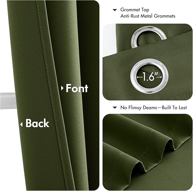 MIULEE Olive Green Blackout Curtains for Bedroom Living Room 63 Inches Long 2 Panels, Thermal Insulated Room Darkening Drapes Solid Grommet Top Noise Reducing Dark Green Window Treatments 40x63 Inch