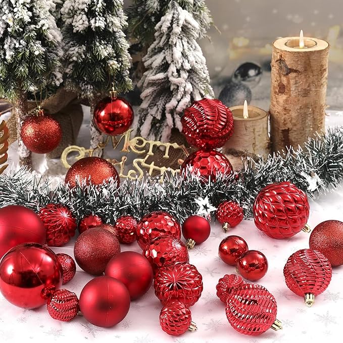 Christmas Balls Ornaments -36pcs Shatterproof Christmas Tree Decorations with Hanging Loop for Xmas Tree Wedding Holiday Party Home Decor,6 Styles in 3 Sizes(Red)