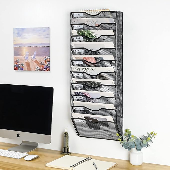 PAG Hanging Wall File Holder Organizer Mail Sorter Literature Rack for Office, 10 Pockets, Black