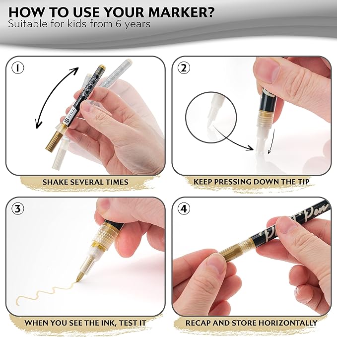 Stylo 8 Count Acrylic Metallic Pens - Gold Paint Pens - Fine Tip Permanent Acrylic Metallic Paint Markers for Rock Painting, Glass, Wood, Ideal for Arts and Crafts (Pack of 8, Gold)