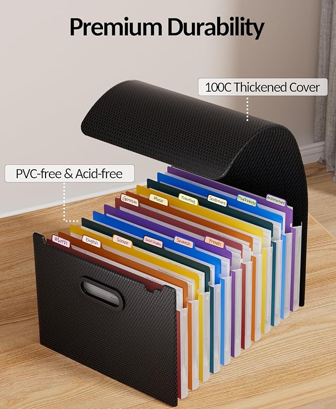 Sooez Upgraded Accordion File Organizer, Expanding File Folder with Deeper 12 Pockets - Never Cover Up Index Tabs, Monthly Bill Paper Receipt Document Organizer, Letter A4 Size for Home Office School