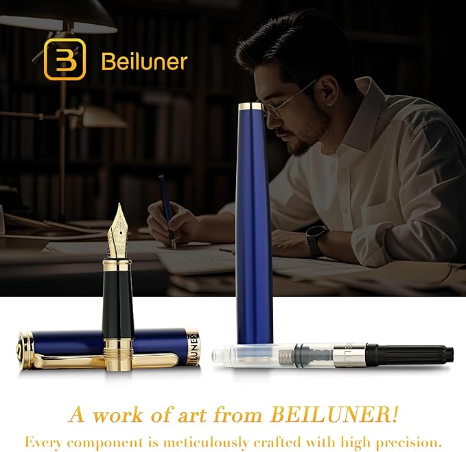 BEILUNER Blue Fountain Pen,Stunning Luxury Lacquer, 24K Gilded Nib(Fine),Gorgeous 24K Gold Accents, with Ink Converter,Fancy Gift for Men&Women-Smooth,Elegant,Graduation,Reliable,Nice Pens for Writing