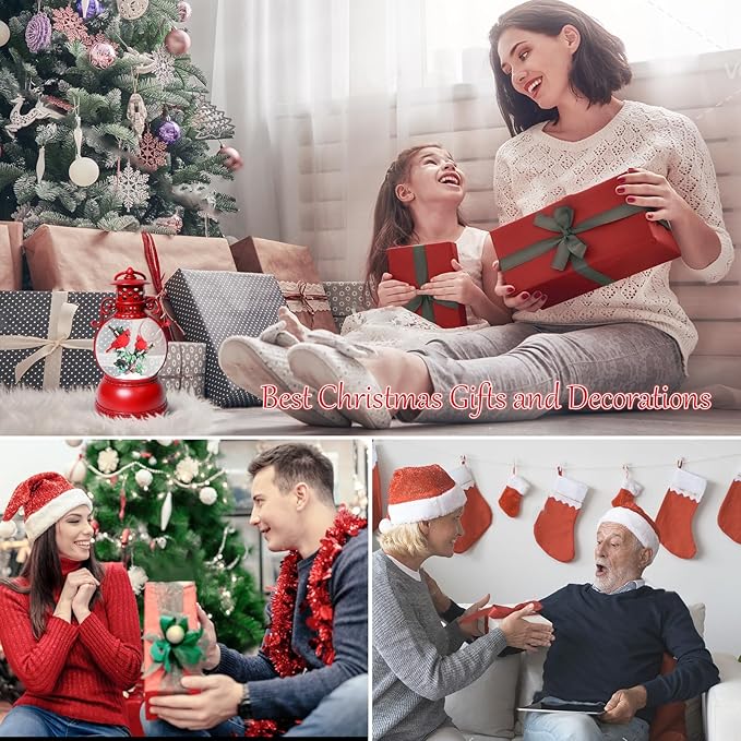 Christmas Snow Globes, Cardinal Christmas Snow Lantern with 8 Songs, 6H Timer Battery & USB Powered Glitter Music Box for Christmas Table Decorations Home Decor