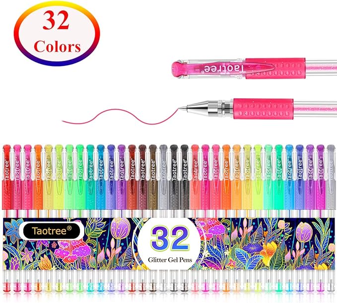 Taotree Glitter Gel Pens, 32 Colors Neon Glitter Pens Fine Tip Art Markers Set 40% More Ink Colored Gel Marker for Adult Coloring Book, Kids Drawing Art Supplies, Scrapbook, Journaling, Sparkle Gifts
