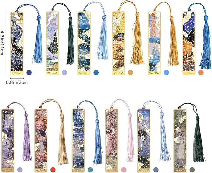 12 Pieces Metal Bookmarks with Tassel, Golden Hollow Bookmark Oil Painting Theme Girl Book Mark Bookmarks for Book Lovers Writers Readers Children Teens Men Women Adults