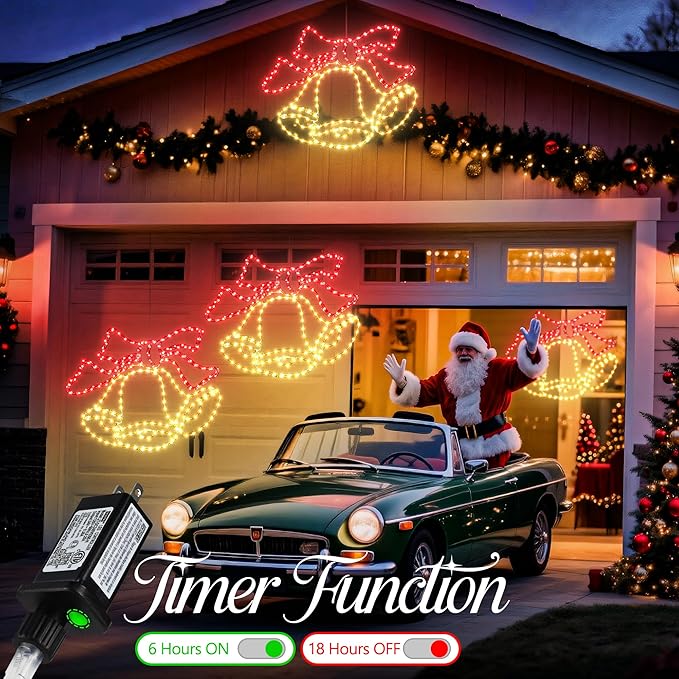 Joomer 33‘’ Christmas Lights Outdoor Bell Neon Super-Bright Large LED Christmas Light Decoration with Timer Waterproof for Outdoor Home Party Wall Hanging Holiday(Warm White & Red)