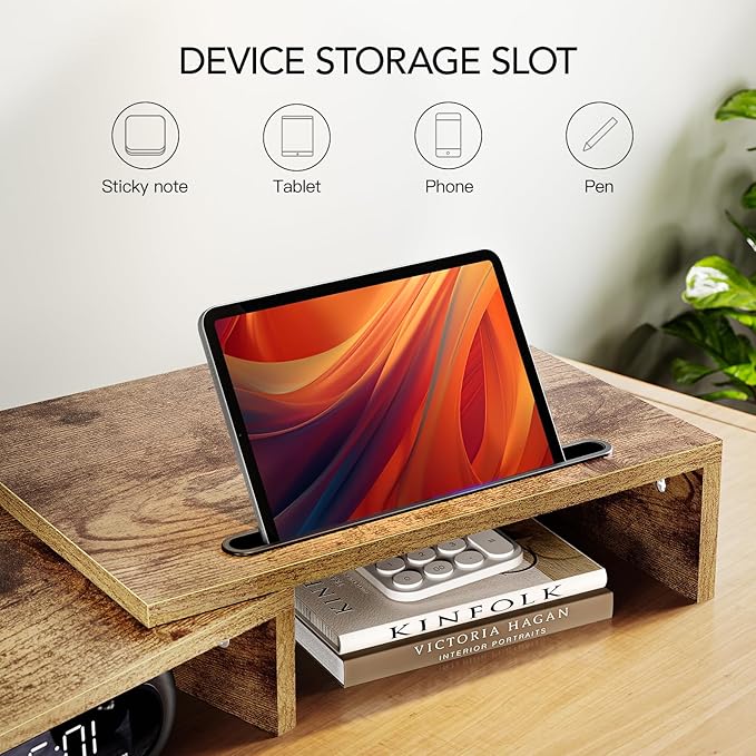 AMERIERGO Dual Monitor Stand Riser- 3 Shelf Screen Stand with Adjustable Length and Angle, 2 Extra Functional Slot Desktop Organizer Stand for PC, Computer, Laptop (Rustic Brown)