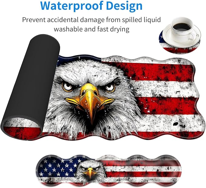 Large Mouse Pad and Keyboard Wrist Rest, Desk Pad for Keyboard and Mouse, 4-in-1 Large Gaming Mouse Pad with Wrist Support, Desk Mat for Home Office Study Game-Bald Eagle American Flag