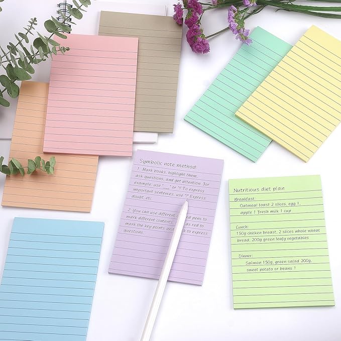 4x6 Inch Lined Sticky Notes, 8 Pack, Light Colors, Premium Self-Adhesive Notepads, Large Sticky Pads for Office, School & Home Use, Easy to Use, Reusable & Removable