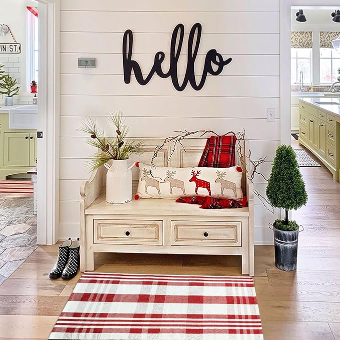 Christmas Door Mat Outdoor 27.5” x 43” Red and White Plaid Rug Christmas Decor Rug Cotton Hand-Woven Layered Door Mats Washable Carpet for Front Porch, Kitchen, Farmhouse, Entryway (27.5” x 43”)