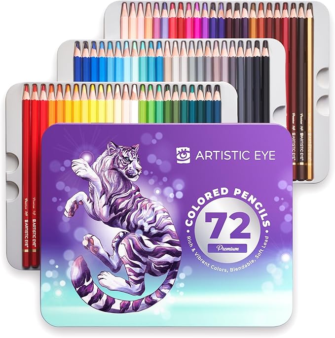 ARTISTIC EYE Premium Colored Pencils | Set of 72, Quality 3.8mm Soft Core Leads, Rich & Vibrant Colors, Blendable, Perfect for Beginner & Advanced Artists