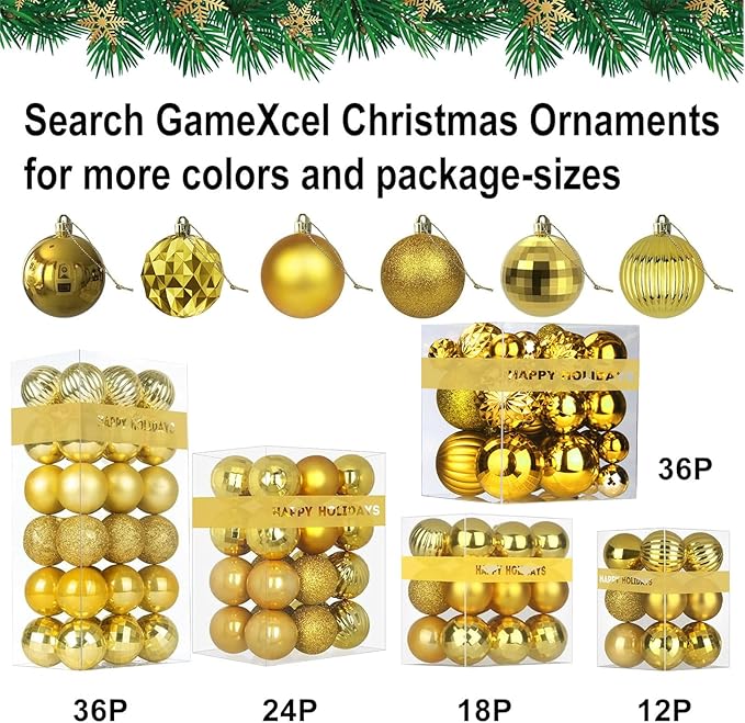 Gold Christmas Ornaments - Christmas Tree Decorations Shatterproof Hanging Balls for Birthday Wedding Holiday Decor Set of 36pcs, Multi-Sizes(1.6",2.5",3.2")