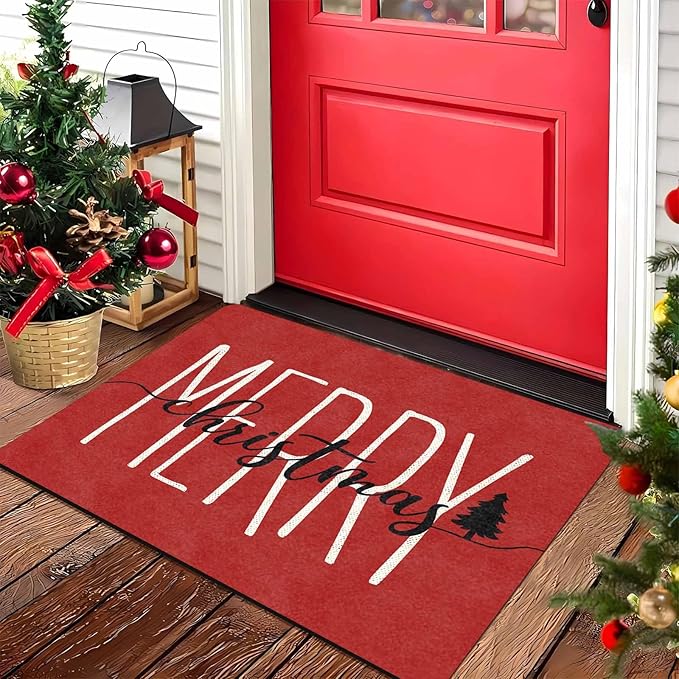 Merry Christmas Doormat Red Funny Text Door mat Outdoor Entrance Christmas Festival Carpet for Outside Entrance Or Porch Entry Entrance Decoration, 18" x 30"Inch