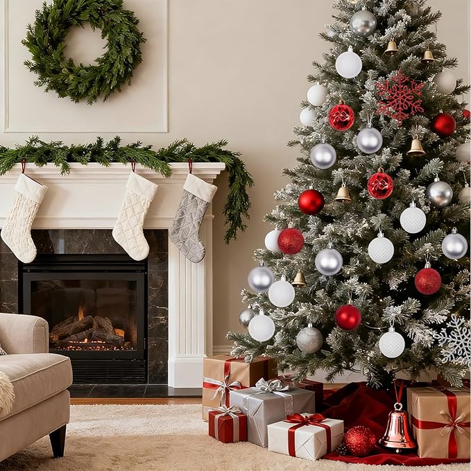 Christmas Tree Decorations Ornament Set, 60ct 2.36 Inches Red and White Shatterproof Christmas Ball Ornaments, Hanging Ball for Xmas Holiday Wedding Party Decor