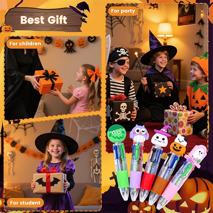 LiYiQ 50 Pcs Halloween Colorful Multicolor Pen in One Cartoon Cute Fun 4-in-1 Cute Pens Bulk Kawaii Pumpkin Ghost Bat Shape Cool Ballpoint Pens for Kids Fun Gifts