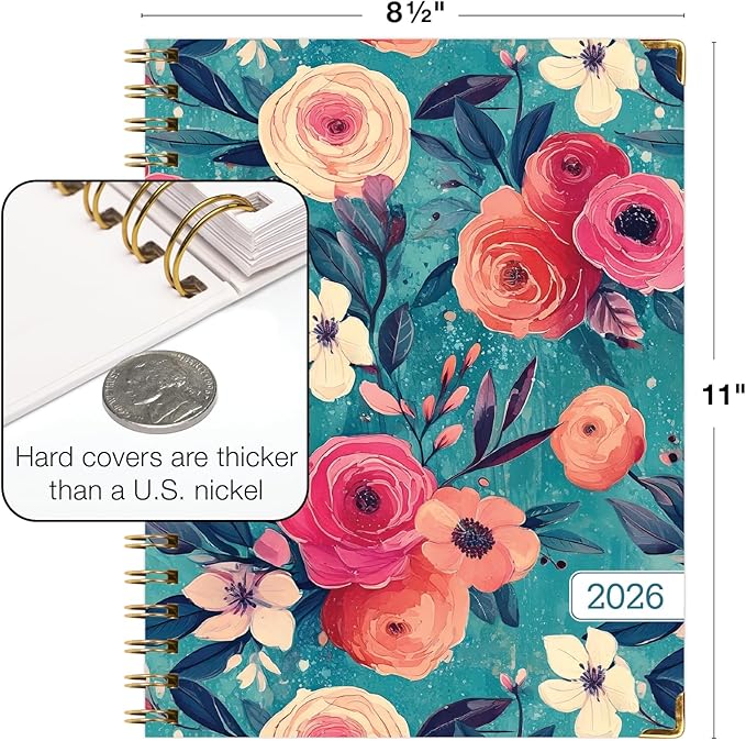 HARDCOVER 2026 Planner, 8.5"x11": 14 Months (November 2025 - December 2026), Daily Weekly Monthly Planner, Yearly Agenda, Bookmark, Pocket Folder and Sticky Note Set (Teal Floral)