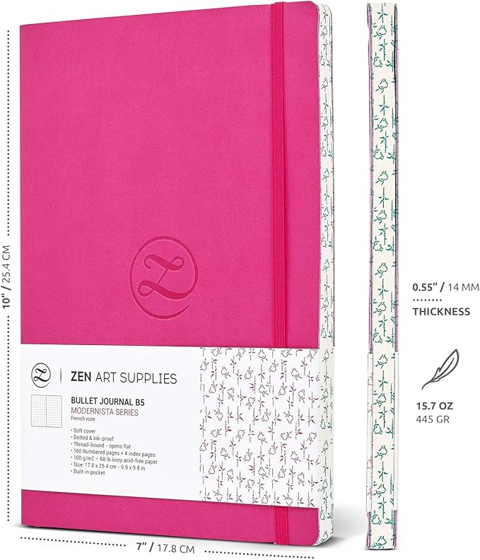 Cute Large B5 Dot Journal - Enjoy Bullet Journaling with a Soft Cover 7x10-inch, Non-Bleed Thick 120gsm Paper, Dotted Journal in Pink, Japanese Edge Motif, Faux Leather Lay Flat Dot Notebook - ZenART