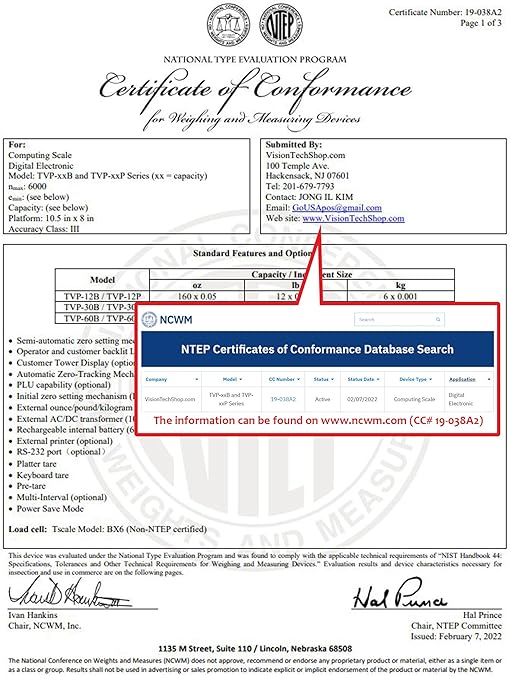 VisionTechShop TVP-12B Price Computing Scale, Lb/Oz/Kg Switchable, 12lb Capacity, 0.002lb Readability, NTEP Legal for Trade COC #19-038, NSF Certified
