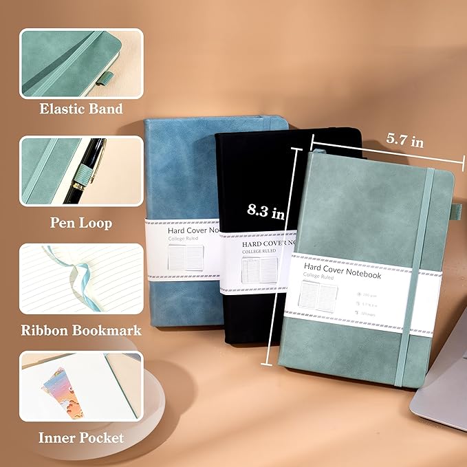 CAGIE 3 Pack Journals Notebooks for Women Men Thick Lined Journaling Notebooks A5 Leather Journals for Writing Hardcover Journal Supplies Diary, Green& Black& Blue