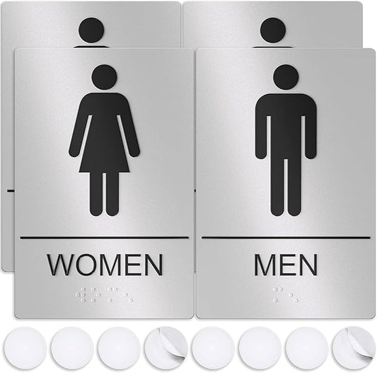 Unisex Bathroom Signs, Restroom Sign For Business - For Men and Women - 2 Pack - 9" by 6" - ADA Compliant with Braille - Strong Double-Sided Adhesives Included - Apply to Office, Home, Public Door/Wall