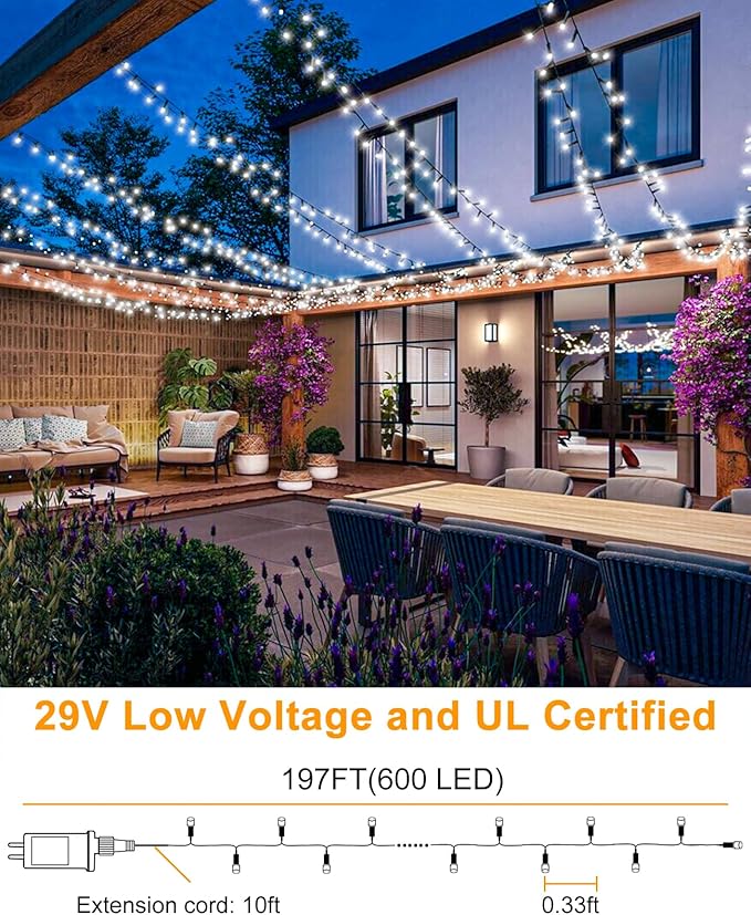 197FT 600 LED Christmas Lights Outdoor, Plug in Christmas Tree Lights 8 Modes, Waterproof Green Wire String Twinkle Lights for Indoor House Patio Yard Party Wedding Holiday Decorations, White