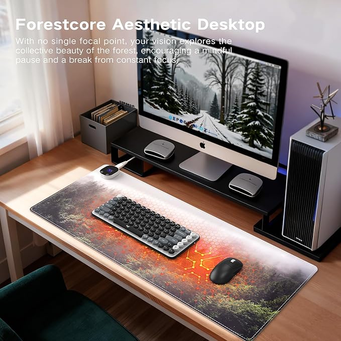 iCasso Heated Mouse Pad Hand Warmer, XXL Aesthetic Heated Desk Pad, 35.4" x 15.7" Large Mouse Pad with 4 Heating Levels for Computer Keyboard, Large Mousepad for Home Office Work (Forest)