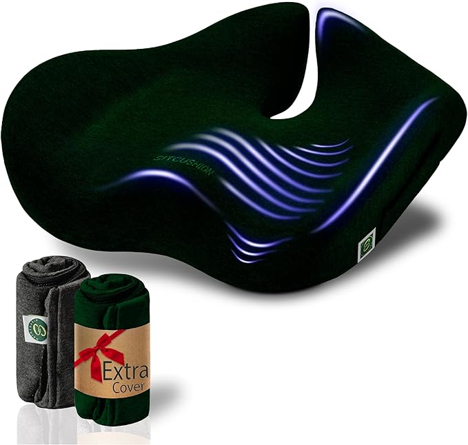 Pressure Relief Seat Cushion for Tailbone Pain – X Large Office Chair Cushion for Back Pain, Coccyx & Sciatica Pain Relief Pillow. Memory Foam Seat Cushions for Office Chairs + Extra Cover (Green)