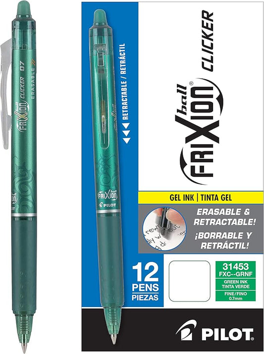 Pilot, FriXion Clicker Erasable Gel Pens, Fine Point 0.7 mm, Pack of 12, Green