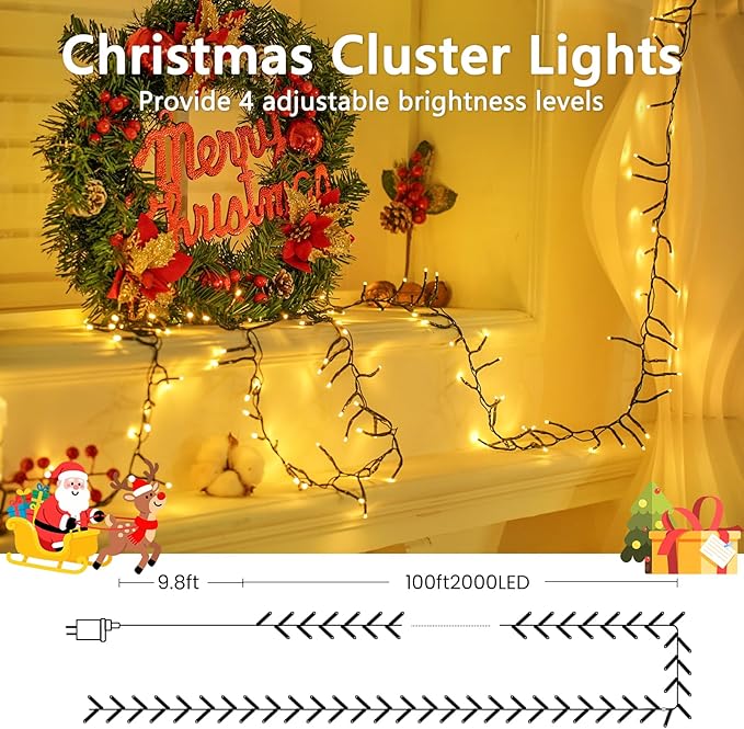 100FT 2000 LED Cluster Christmas Lights, Christmas Tree Lights Outdoor Indoor with 8 Modes & Timer & Remote, Firecrackers String Lights Waterproof for Garland Party Xmas Decorations, Warm White