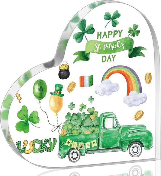 Yopyame Acrylic Gifts Irish Blessing - Happy St. Patricks Day Gift Four Leaf Clover Acrylic Heart Sign Desk Decor for Table Lucky Shamrocks Keepsake Paperweight for Women Home Office Desk Shelf Mantle