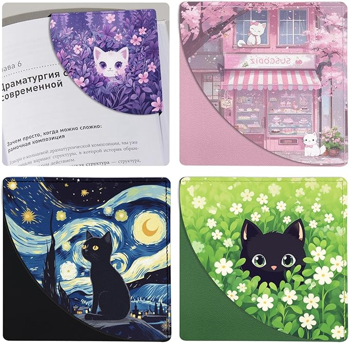 Cute Black Cat Bookmarks, Funny Leather Corner Page Book Accessories for Book Lovers, 4 Pcs Floral Reading Book Page Markers for Women Student Teacher Girls Retirement Birthday Gifts