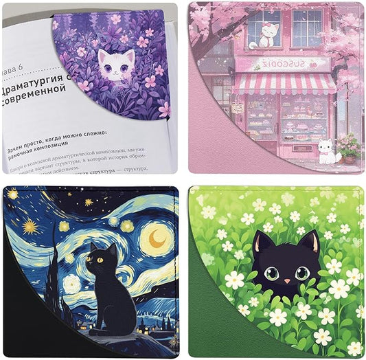 Cute Black Cat Bookmarks, Funny Leather Corner Page Book Accessories for Book Lovers, 4 Pcs Floral Reading Book Page Markers for Women Student Teacher Girls Retirement Birthday Gifts