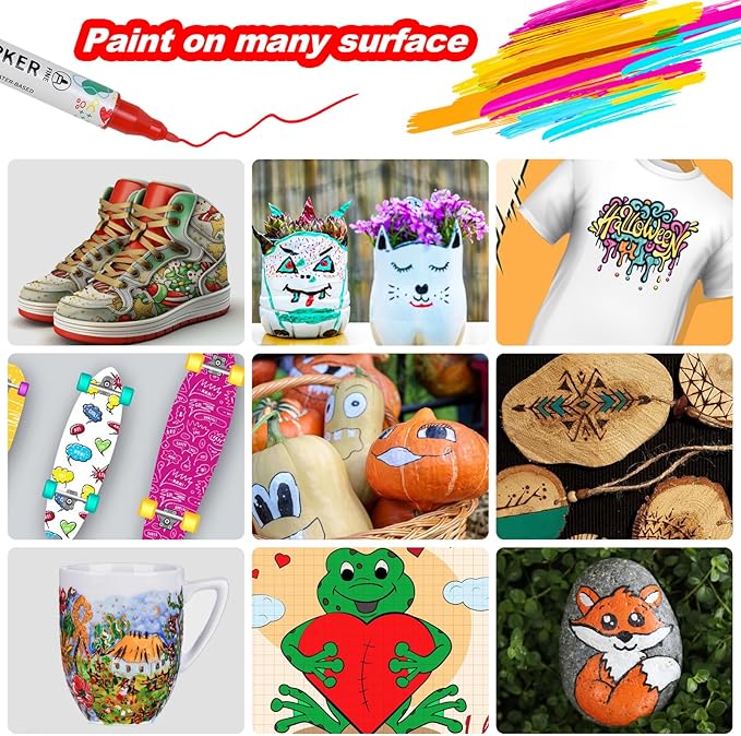 12 Colors Acrylic Paint Pens, Dual Tip Acrylic Paint Markers for Paper, Wood, Canvas, Stone, Rock Painting, Glass, Fabric, DIY, Ceramic, Art Supplies for Kids and Adults Drawing (Dot + Fine)