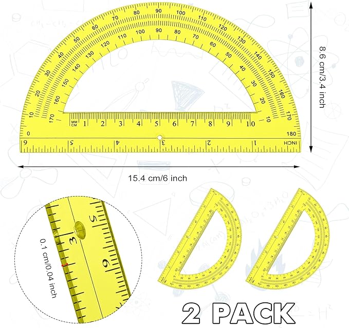 Zonon 2 Pcs 6 Inch Plastic Protractor Math Protractors 180 Degrees Angle Measurement, Translucent for Geometry Classroom Kid Student School Office Supplies(Yellow)