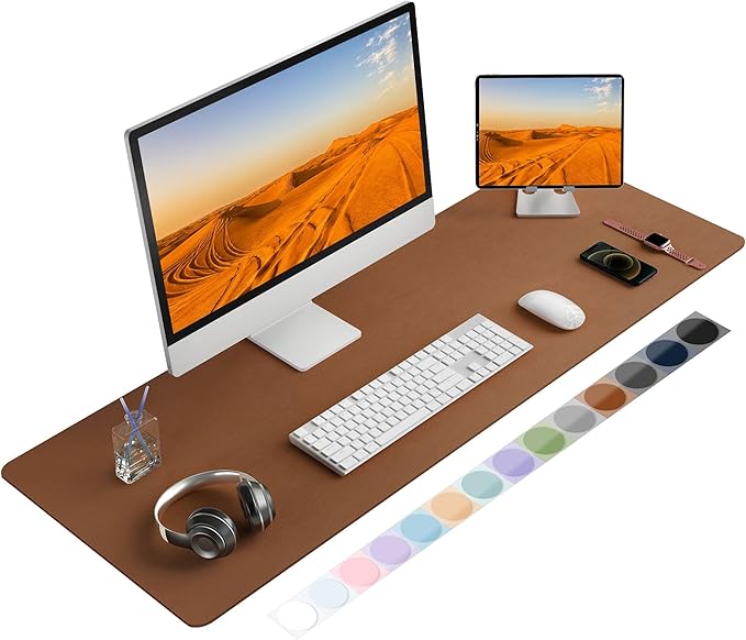 Roslim Leather Desk Pad Protector, Mouse Pad, Non-Slip Computer Mat for Desk, PU Leather Office Desk Mat for Home & Office, Waterproof Laptop Desk Blotter for Keyboard and Mouse, Brown (17''X48'')