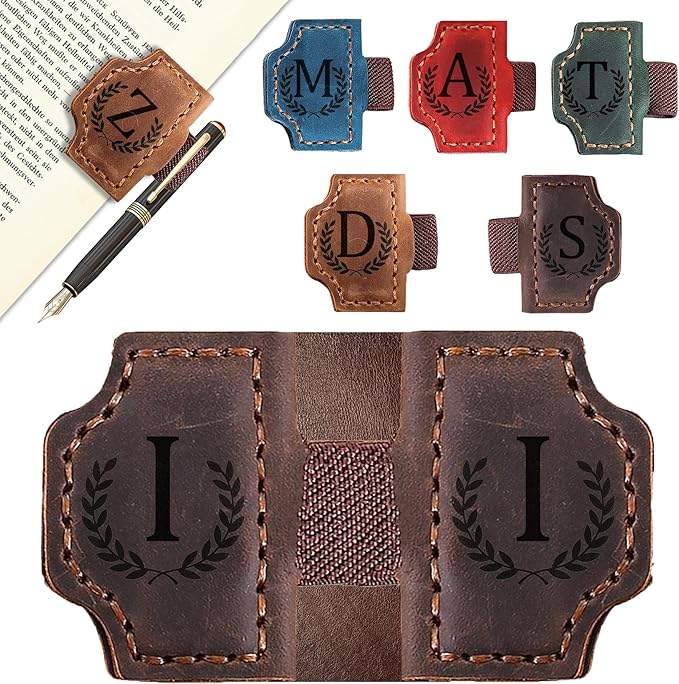 Bygone Mark Bookmark with Pen Holder, 26 Letters Name Initial Personalized Magnetic Bookmarks, Leather Book Mark for Men Women, Travelers Accessories, Teachers Readers Book Lovers Gifts (Coffee, I)