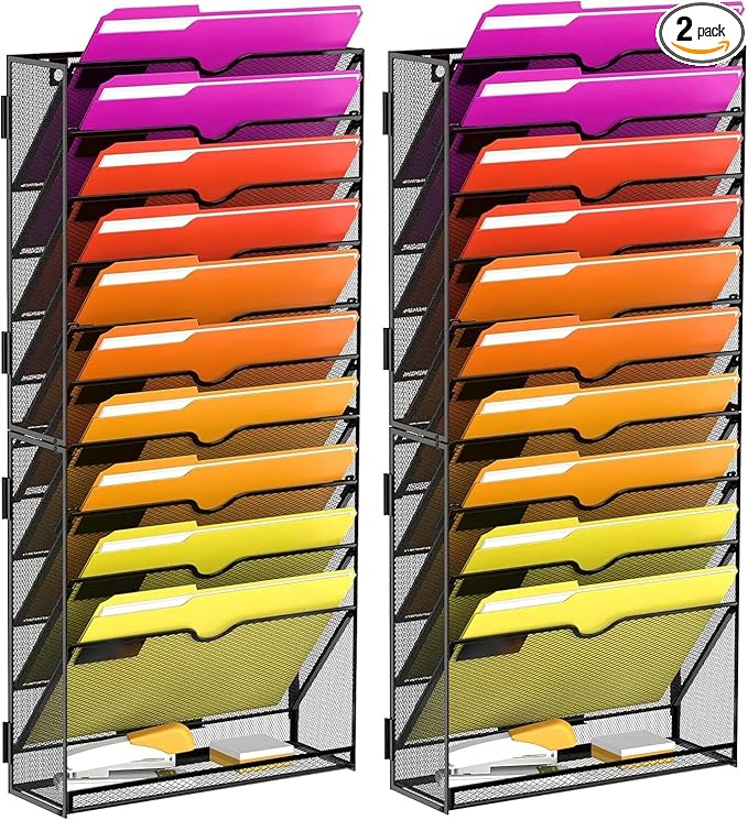 11-Tier Wall File Organizer Hanging File Organizer for Papers, Folders, Files, Magazine, Document, Mesh Wall Mount File Holder for Office Home School, Black 2 Pack