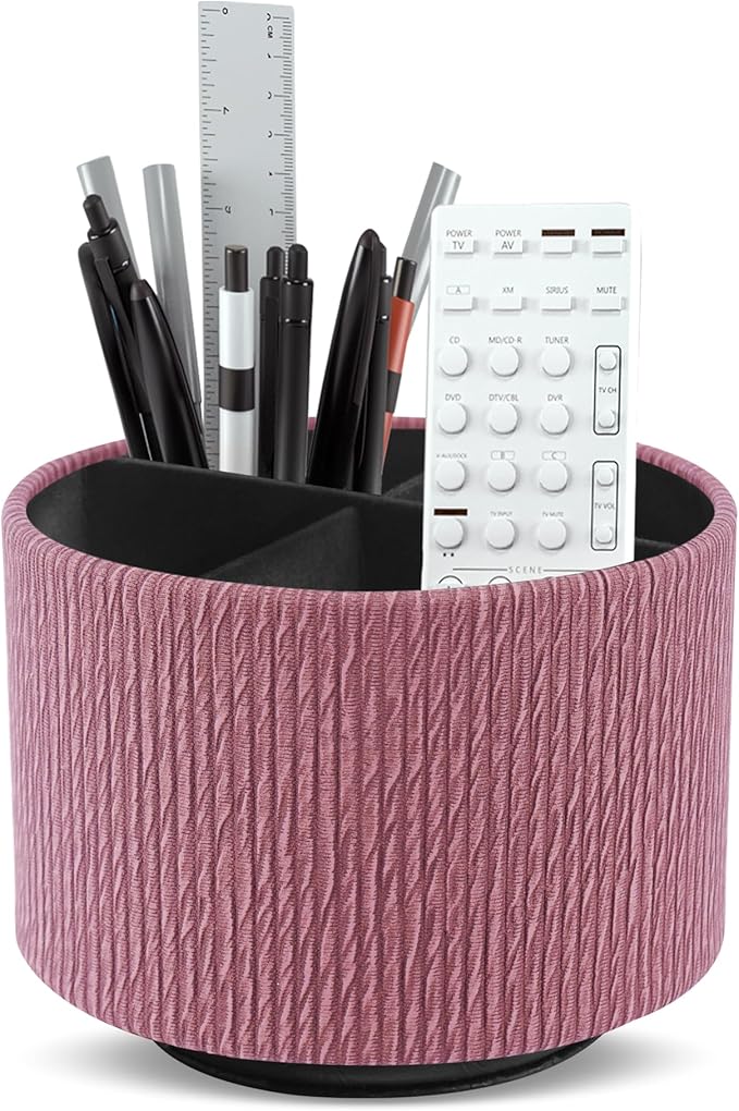 Hennaja Round Leather Art Supply Organizer,Remote Control Holder,360 Degree Spinning,Multi-Functional Pencil Holder,4 Compartments Desktop Stationary Organizer(1-Wood Pink)