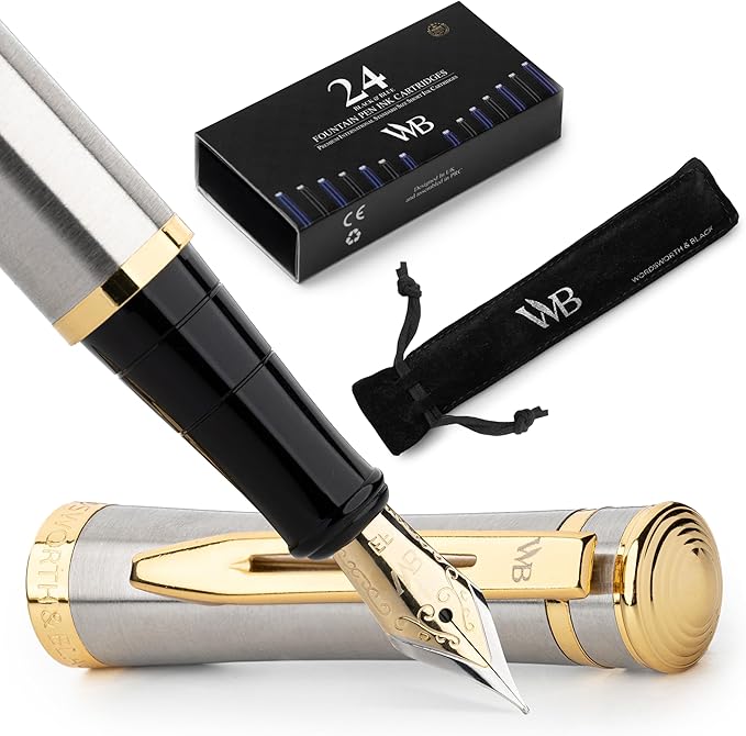 Wordsworth & Black Fountain Pen Set, 18K Gilded Extra Fine Nib, Includes 24 Pack Ink Cartridges, Ink Refill Converter & Gift Pouch, Gold Finish, Calligraphy, [Silver Gold], Perfect for Men & Women